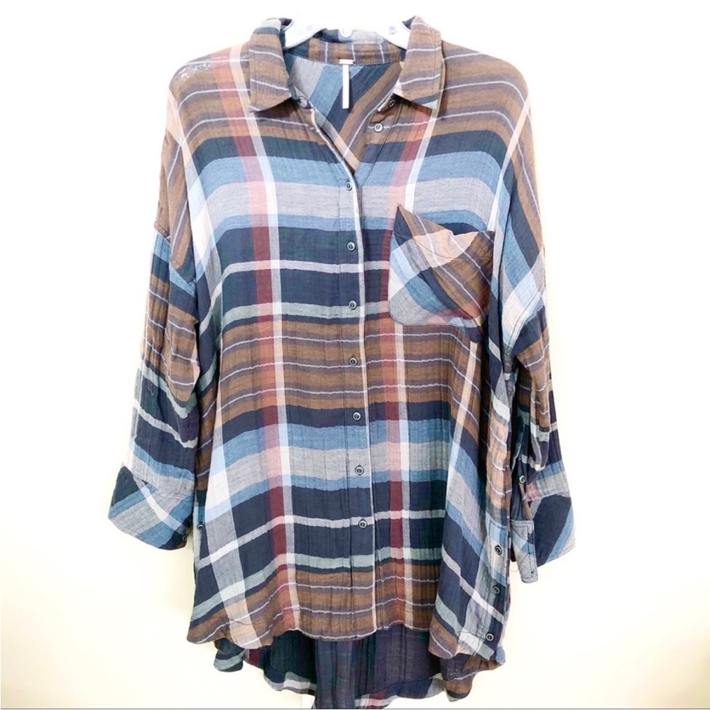 Free People Plaid Button-Up Shirt gauzy krinkle style tunic length. Super soft